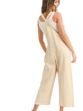 Fray Knot Strap Cropped Bib Overalls, Oatmeal, M